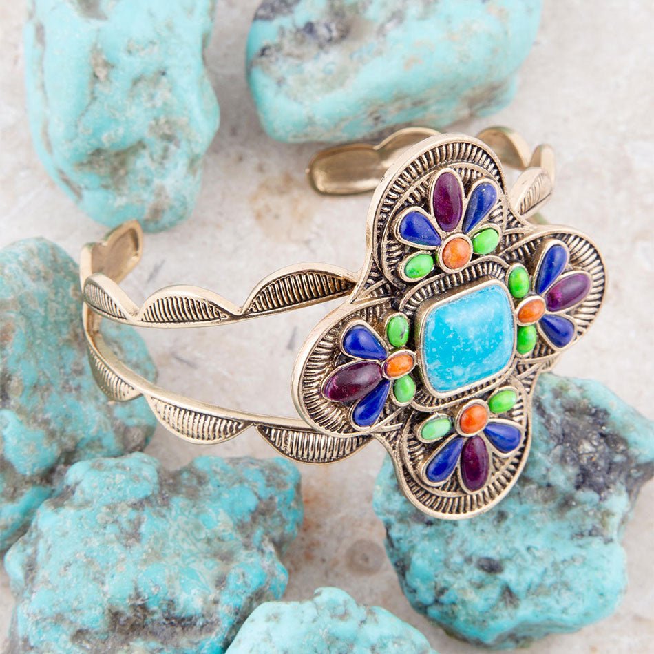 Zion Blue Turquoise Multi-Stone Golden Cuff Bracelet